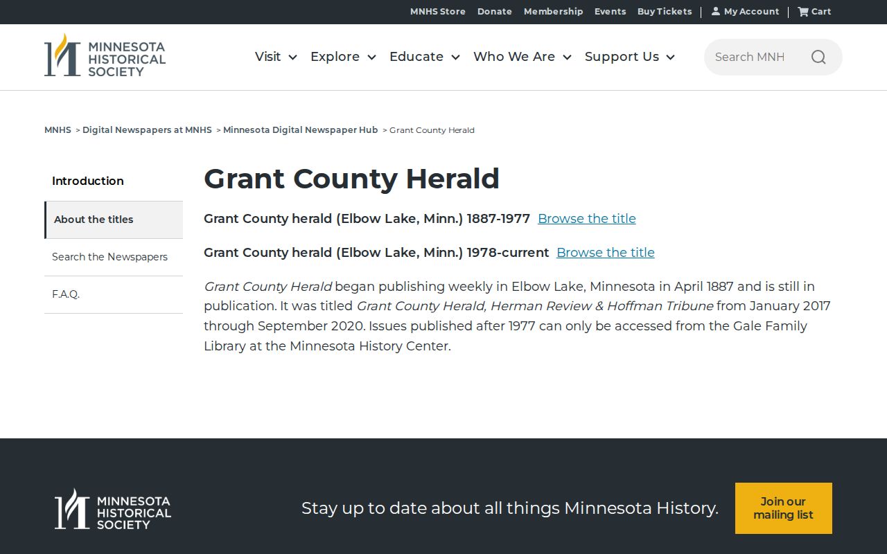 Grant County Herald Minnesota Historical Society archive for historical news records